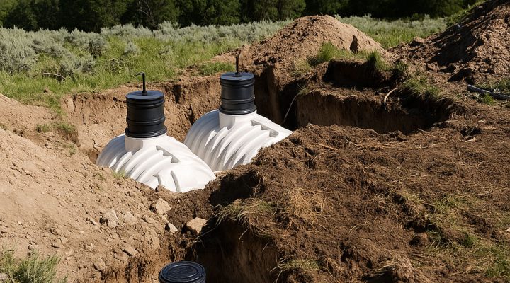 Installation of White Plastic Septic Tanks in a Rural Setting Three white plastic septic tanks partially buried in an excavated trench on a sunny day, with green hills and trees in the background.