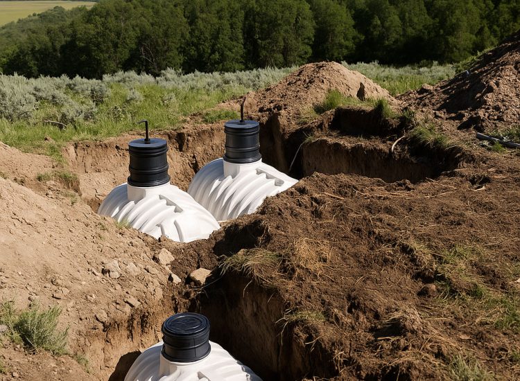 Installation of White Plastic Septic Tanks in a Rural Setting Three white plastic septic tanks partially buried in an excavated trench on a sunny day, with green hills and trees in the background.